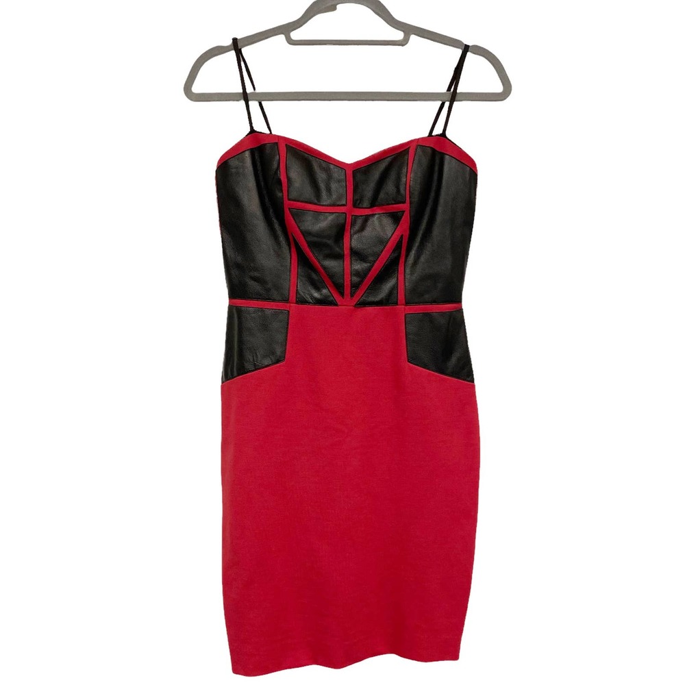 Aidan Mattox Red and Black Panel Spaghetti Strap Mini Dress